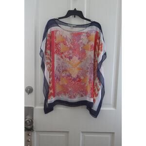 Valerie Stevens Size Med flowy- caftan blouse- navy blue vibrant orange coastal